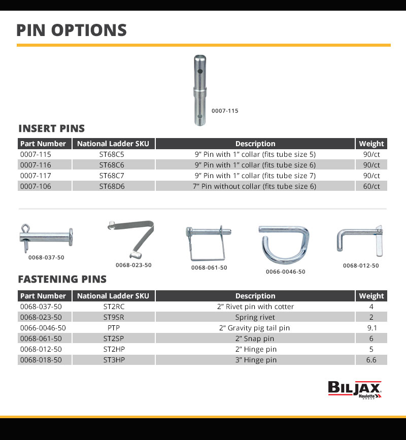 Bil-Jax Fastening Pins Technical Specifications