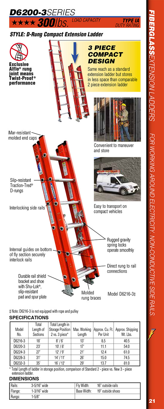 Werner D6200-3 Series D-Rung Compact Extension Ladder