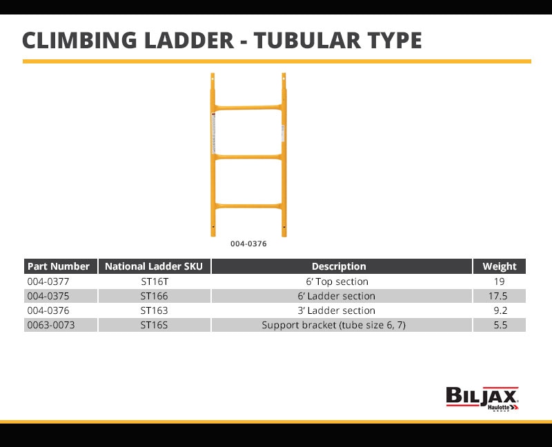 Bil-Jax Climbing Ladder - Tubular Type Tech Specs