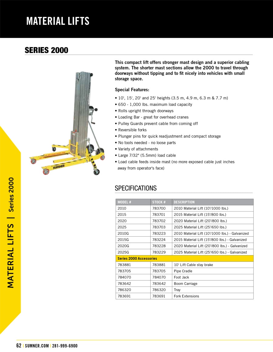 Sumner 2000 Series Material Lift Technical Specs