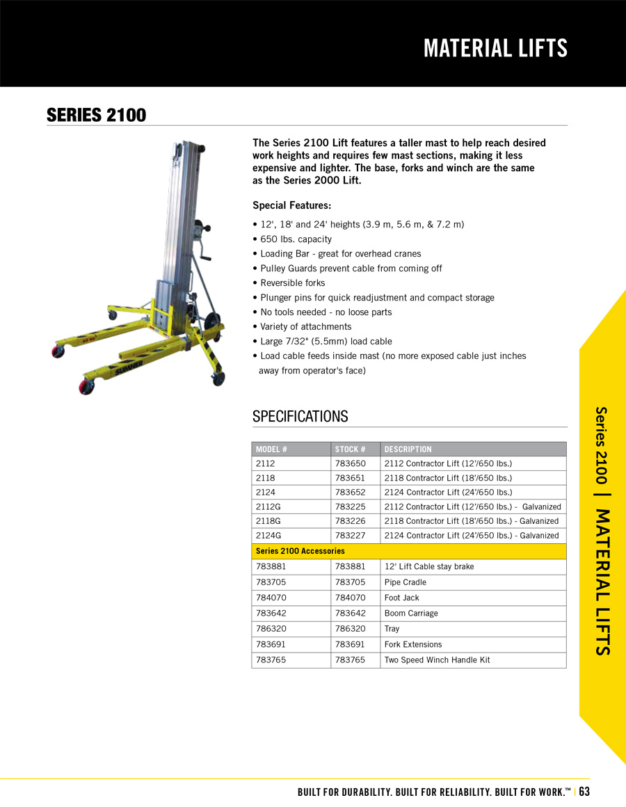 Sumner 2100 Series Material Lift Technical Specs