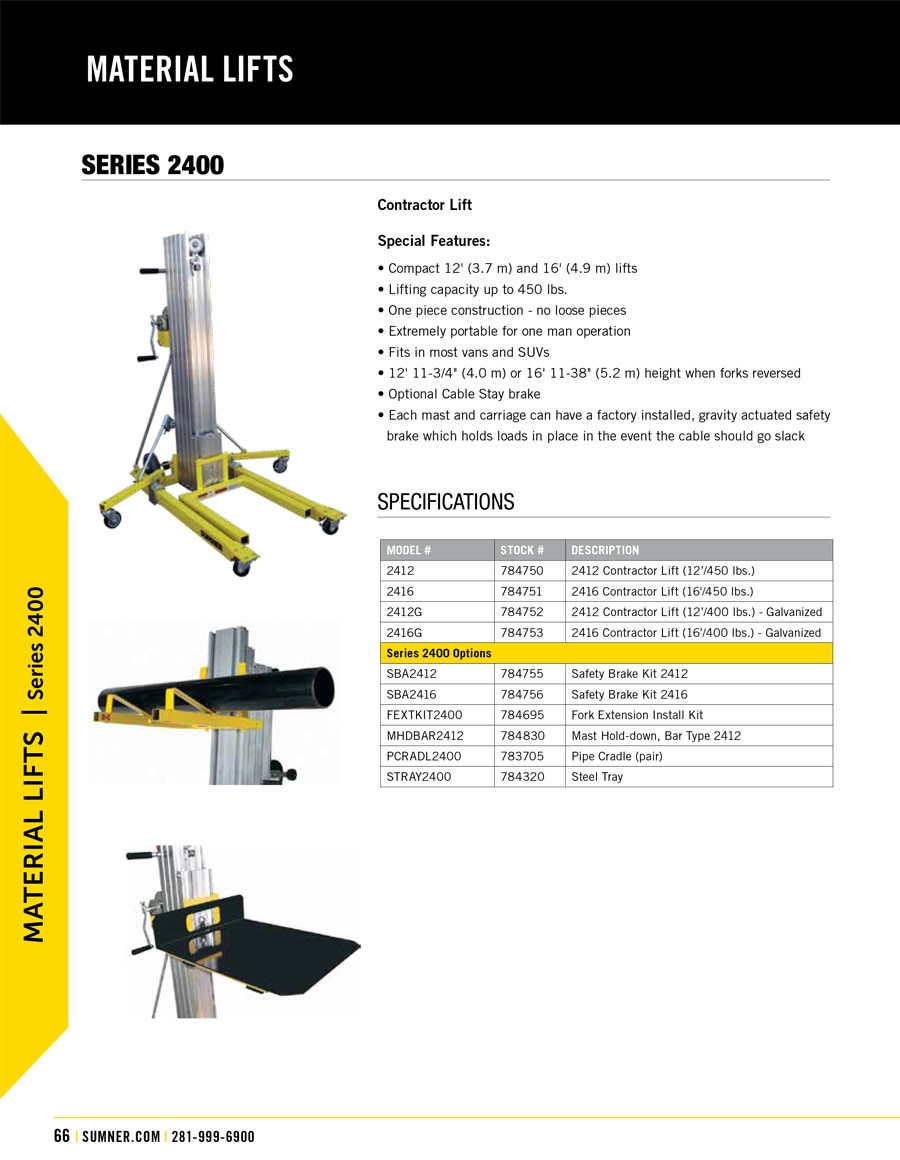 Sumner 2400 Series Material Lift Technical Specs