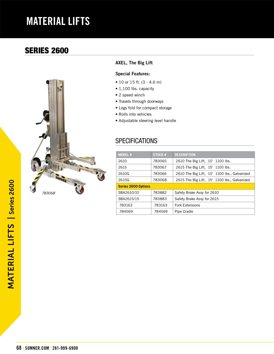 Sumner Series 2600 Axel The Big Lift Technical Specs