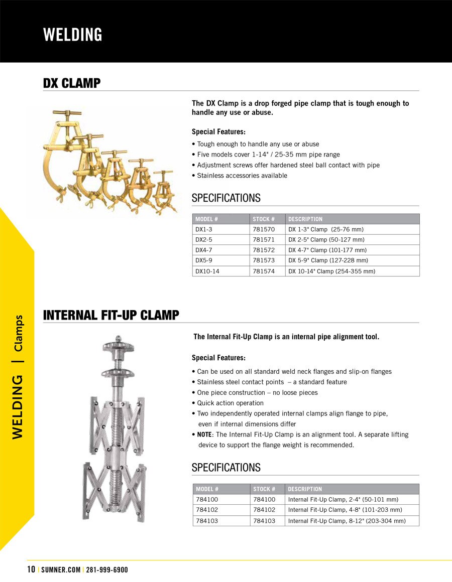 Sumner Internal Fit-Up Clamp Technical Specs