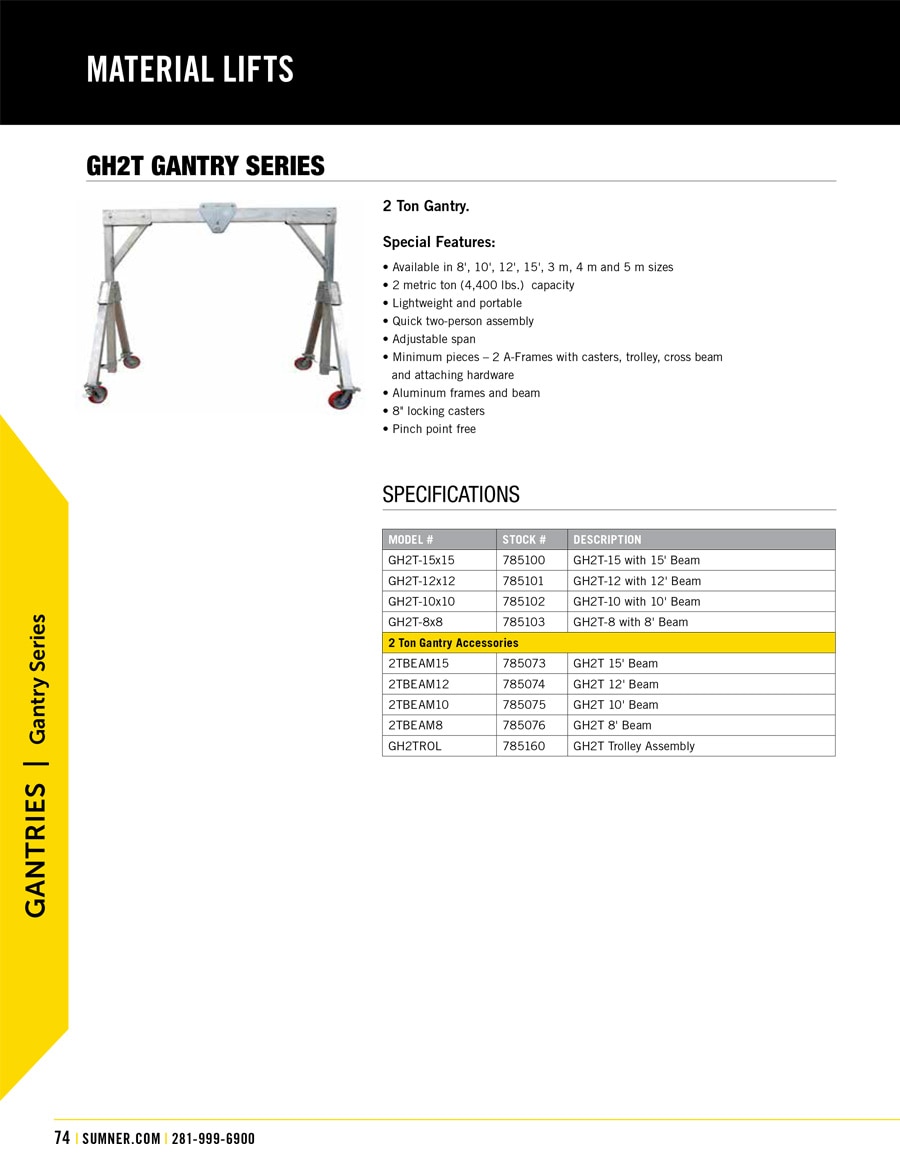 Sumner GH2T Gantry Lift Technical Specs