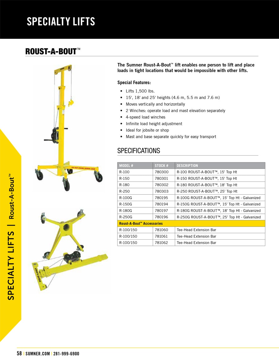 Sumner Roust-a-Bout R Series Lift Technical Specs