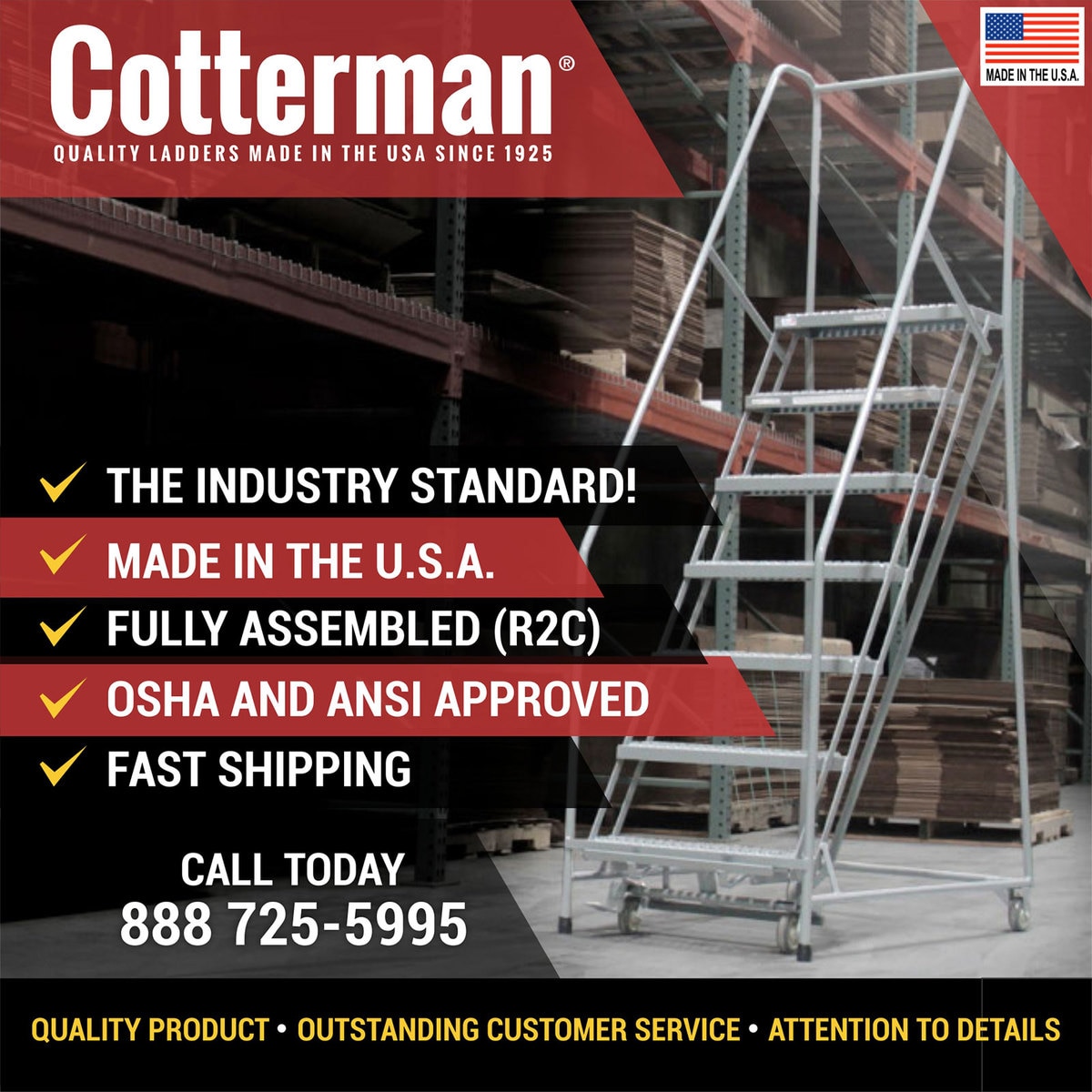 Cotterman Full Products lists made in U.S.A, fully assembled and OSHA and ANSI approved.