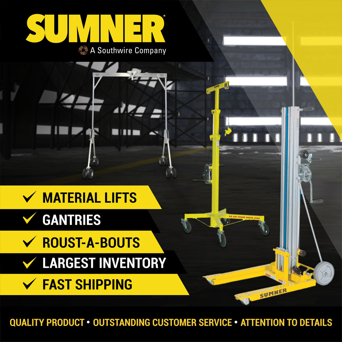 Sumner material lifts, grantires, roust-a-bouts, and all products